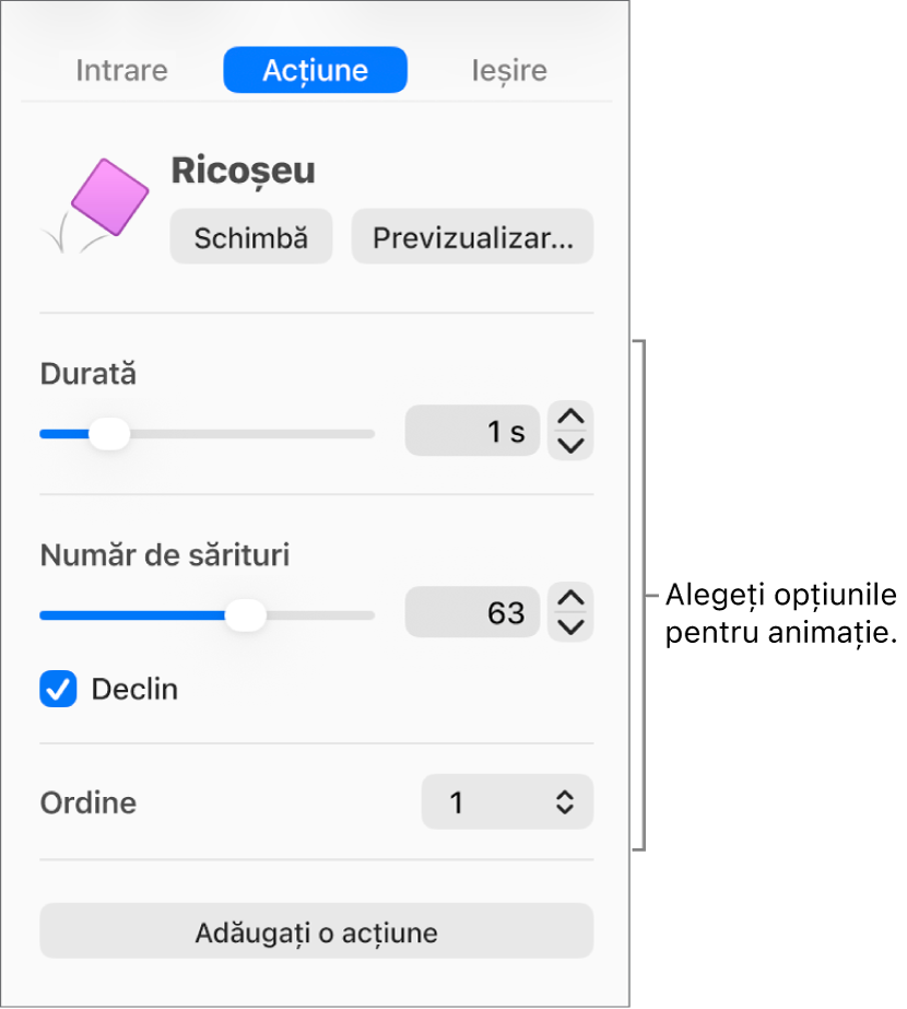 Comenzile de acțiune în secțiunea Animă din bara laterală.