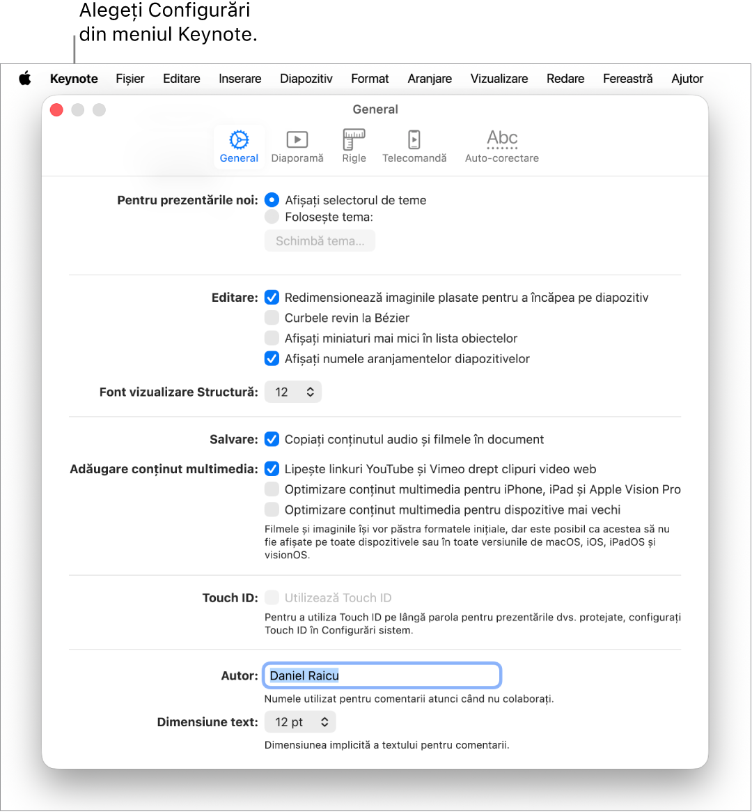 Fereastra de configurări Keynote deschisă la panoul General.
