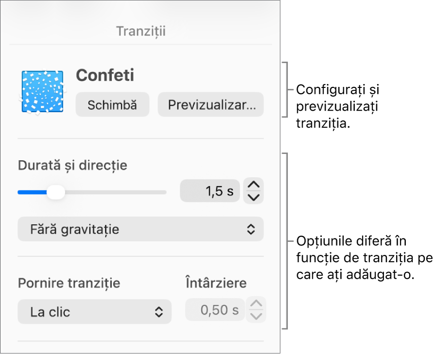 Comenzile pentru tranziții în secțiunea Tranziții din bara laterală.