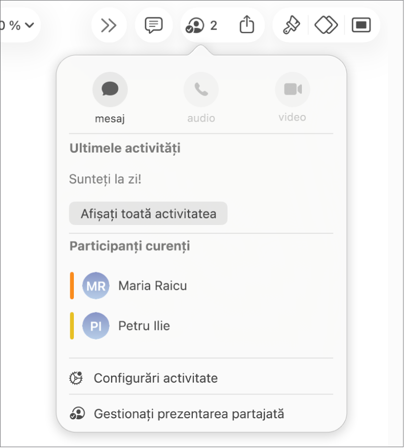 Meniul de colaborare afișând numele persoanelor care colaborează la prezentare.