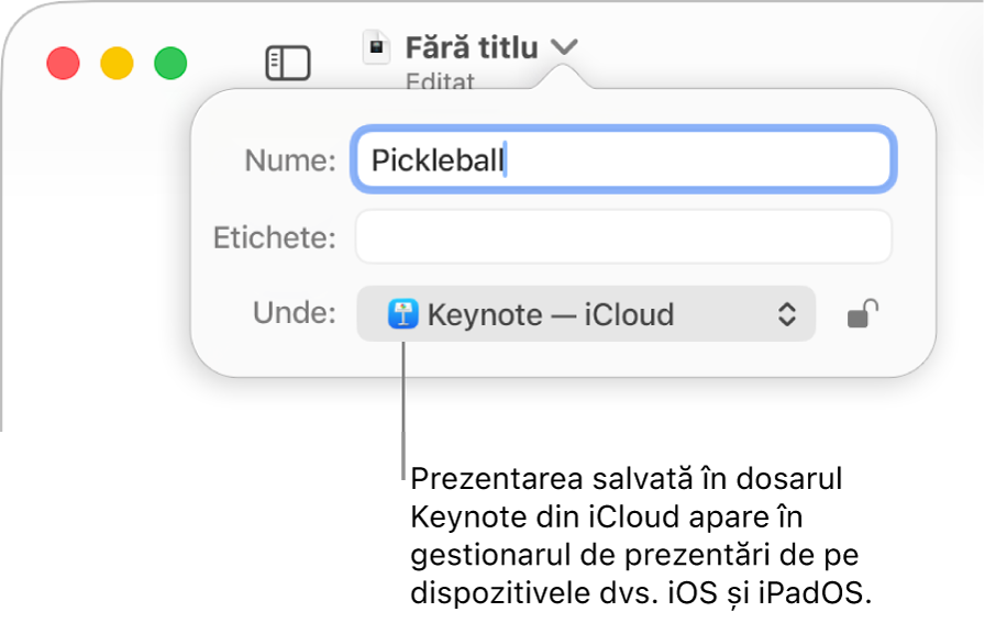 Dialogul Salvează pentru o prezentare, cu Keynote - iCloud în meniul pop‑up Unde.