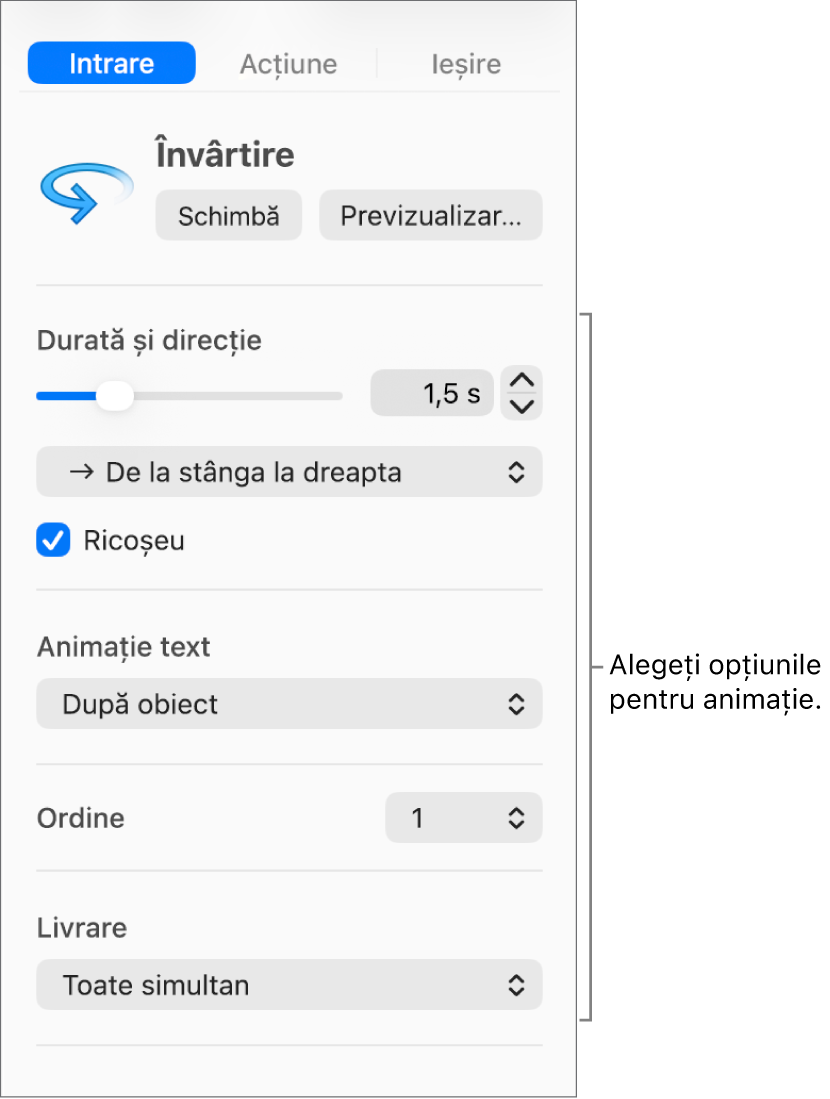 Opțiunile Intrare din fila Animare din bara laterală.