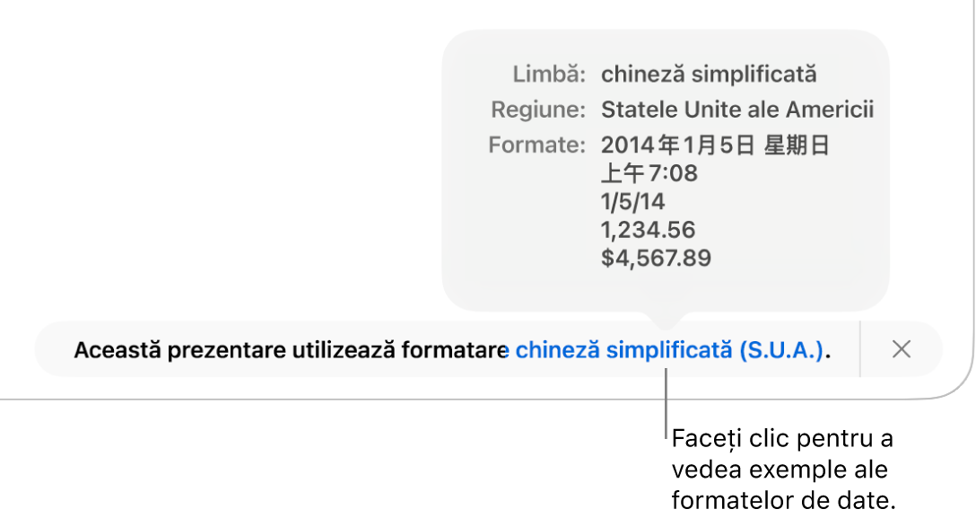 Notificarea privind configurarea limbii și regiunii diferite, afișând exemple de formatare în limba și regiunea respectivă.