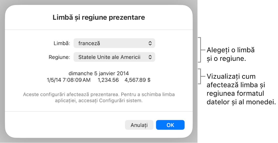 Panoul Limbă și regiune, cu comenzile pentru limbă și regiune și un exemplu de format, inclusiv data, ora, zecimale și valuta.