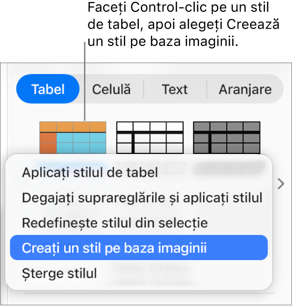 Meniul de scurtături al stilului de tabel.