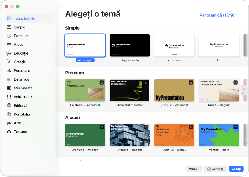 Selectorul de teme. O bară laterală din partea stângă prezintă categoriile de teme pe care puteți face clic pentru a filtra opțiunile. În dreapta sunt miniaturile temelor predefinite aranjate pe rânduri după categorie, începând cu Simple în partea de sus și urmate de Dinamice, Minimaliste și Îndrăznețe. Butoanele Anulați și Creați sunt în colțul din dreapta jos.