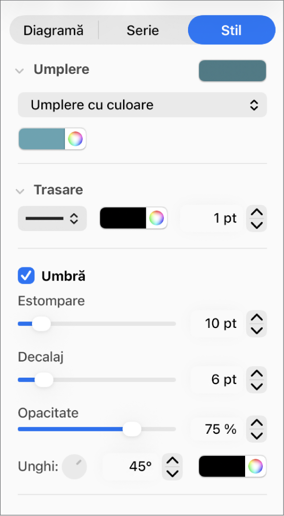 Comenzile din bara laterală pentru modificarea aspectului liniilor de tendință.