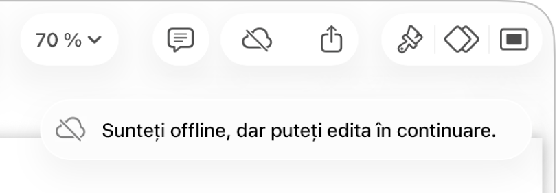 Butoanele din partea de sus a ecranului, cu butonul Colaborare transformat într-un nor traversat de o linie diagonală. Pe ecran apare o alertă „Sunteți offline, dar puteți edita în continuare”.