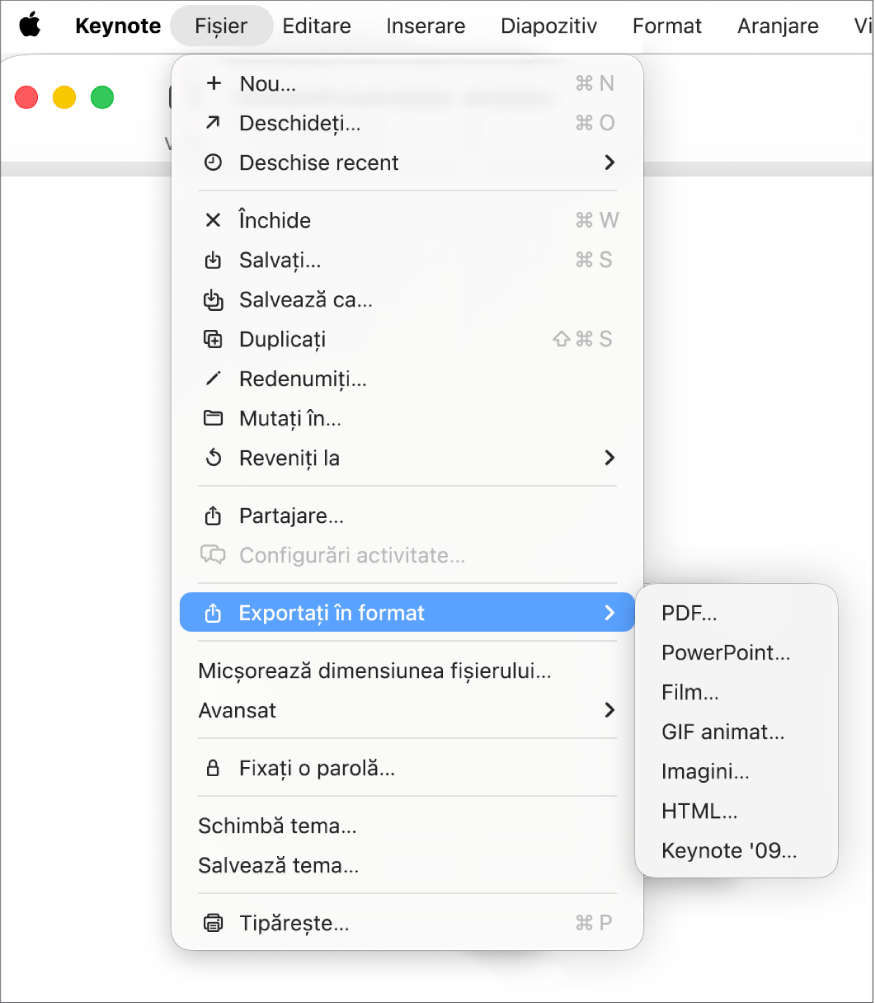 Meniul Fișier deschis cu opțiunea „Exportați în” selectată și submeniul său care arată opțiuni de exportare precum PDF, PowerPoint și Film.