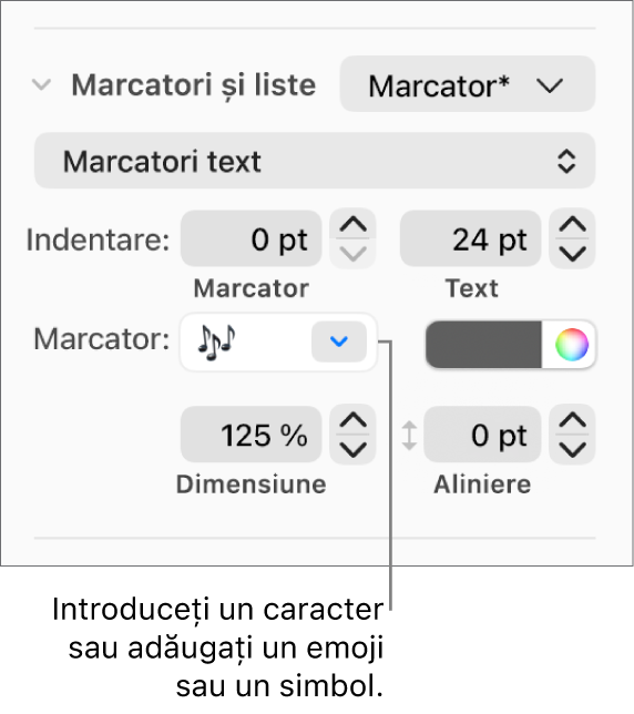 Secțiunea Marcatori și liste din bara laterală Format. Câmpul Marcatori afișează un emoji floare.