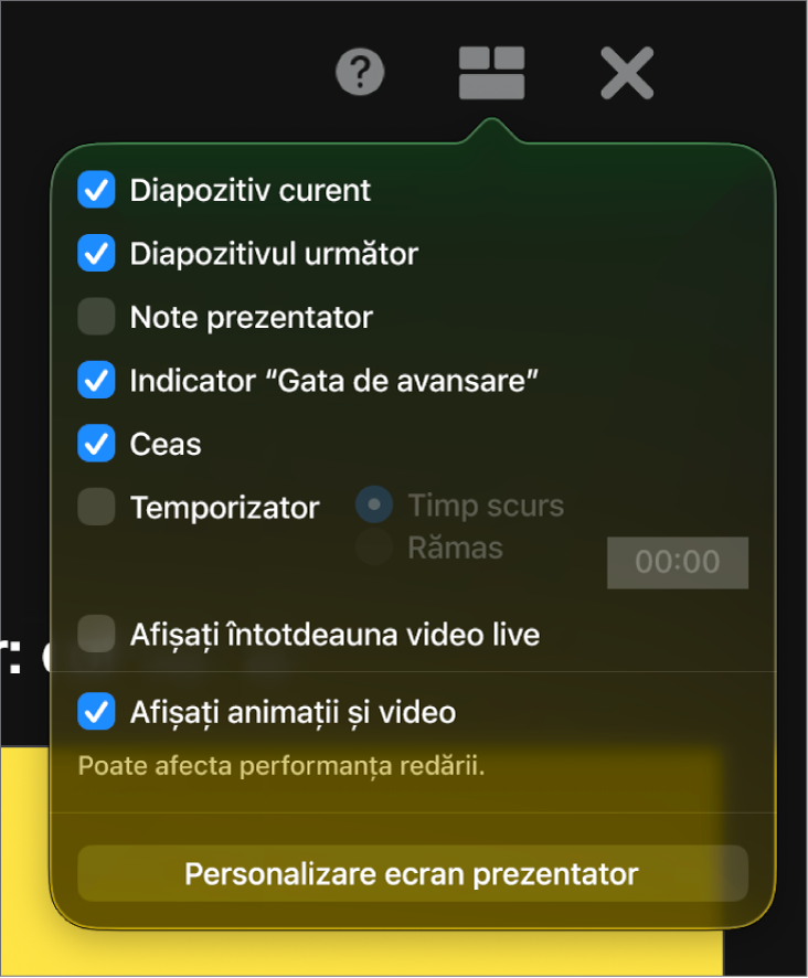 Opțiuni pentru ecranul prezentatorului, inclusiv Diapozitiv curent, Diapozitivul următor, Note prezentator, Indicator „Gata de avansare”, Ceas și Temporizator. Temporizatorul are opțiuni suplimentare pentru afișarea timpului scurs sau a timpului rămas.