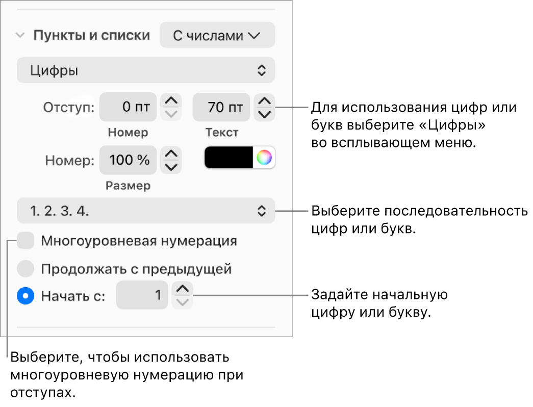 Элементы управления для изменения стиля нумерации и интервалов списка.