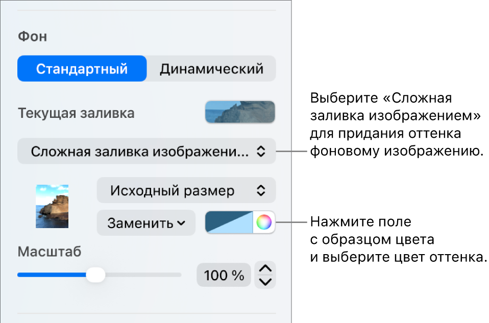 Показаны элементы управления фоном. В качестве фона слайда выбран вариант «Сложная заливка изображением» с тоном.