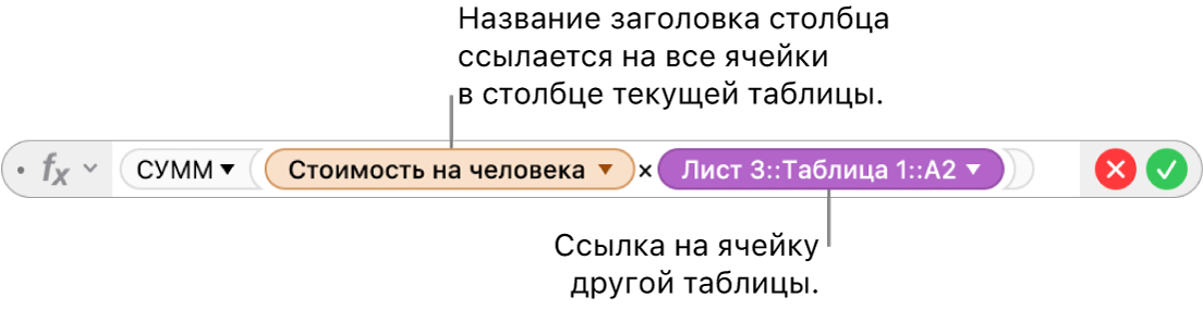 В редакторе формул показан треугольник, при нажатии которого отображаются параметры закрепления ссылок на строки или столбцы.