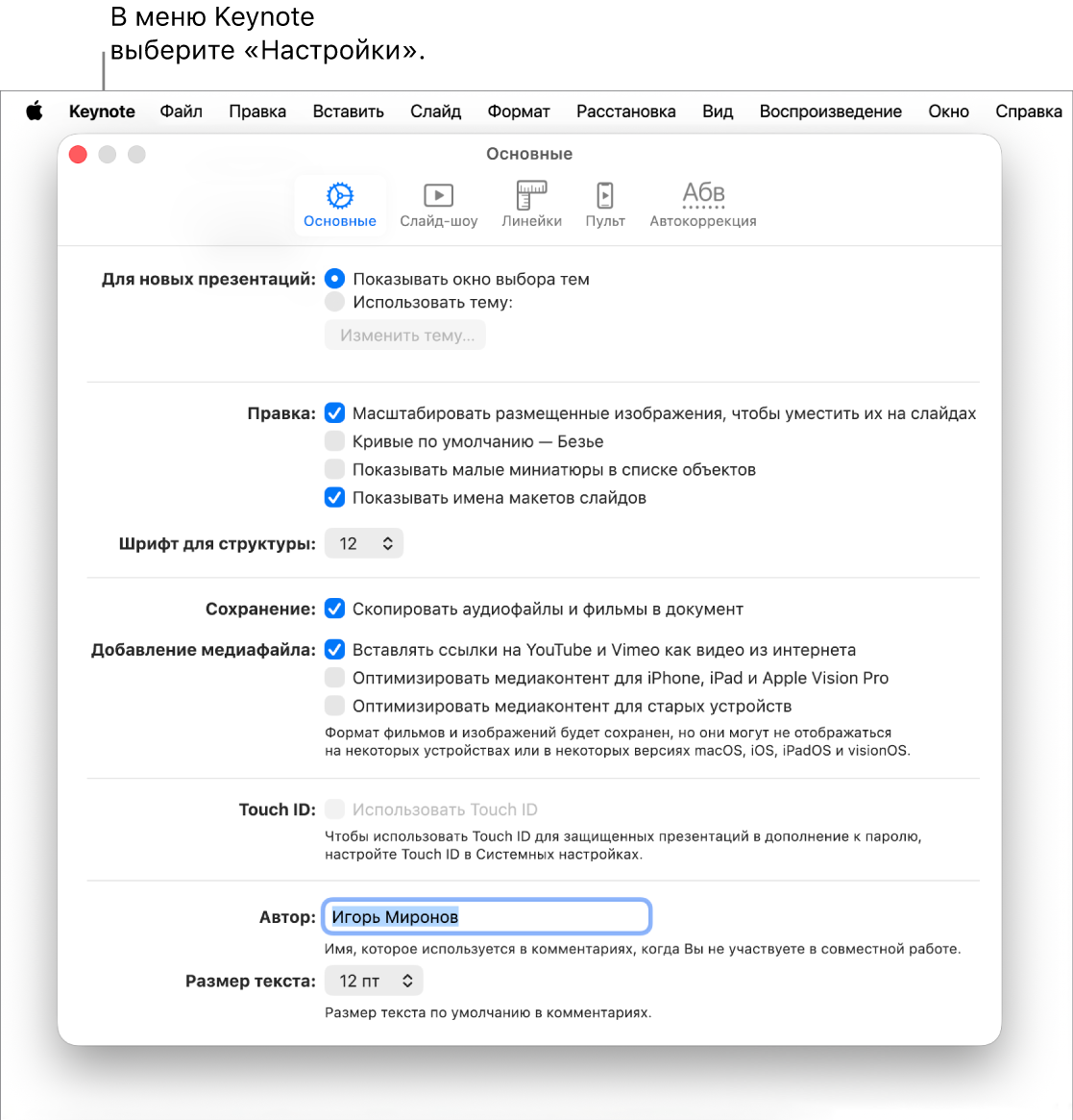 Окно настроек Keynote с открытой панелью «Основные».