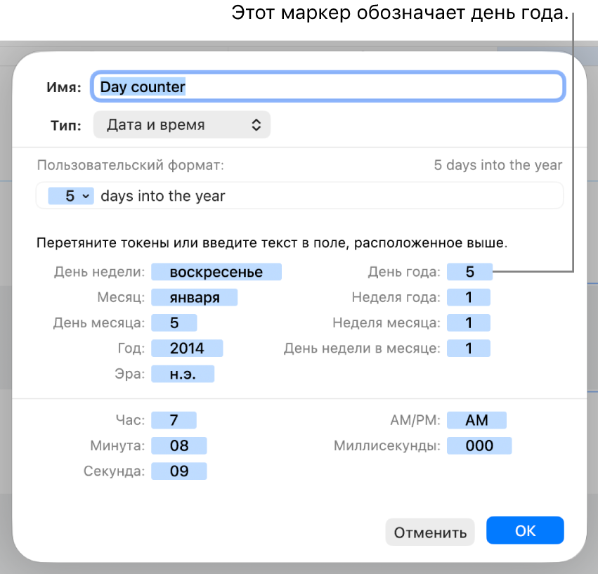 Окно произвольного формата ячейки с элементами управления, позволяющими создать собственный формат даты и времени.