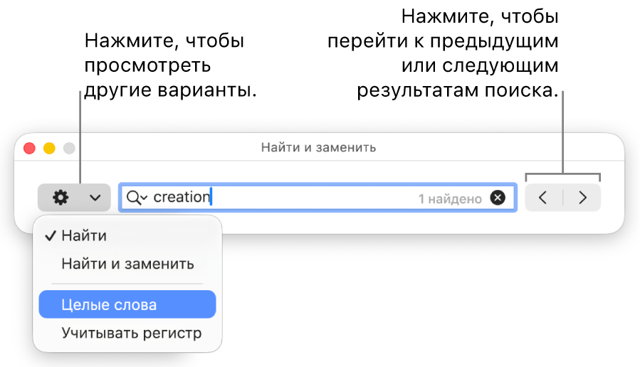 В окне «Найти и заменить» открыто всплывающее меню, в котором показаны параметры «Найти», «Найти и заменить», «Целые слова» и «Регистр». Стрелки справа позволяют переходить к предыдущему или следующему результату поиска.