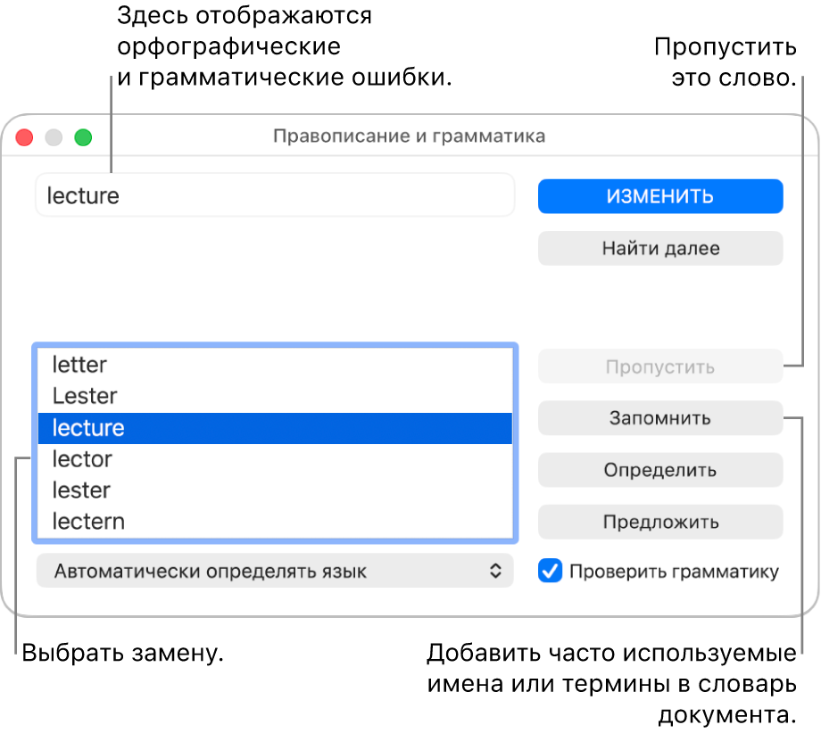 Окно «Правописание и грамматика».
