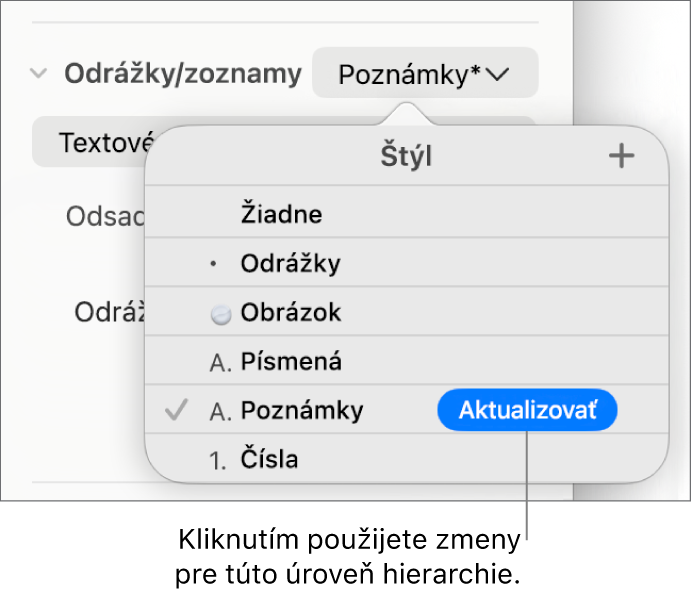 Vyskakovacie menu Štýly zoznamu s tlačidlom Aktualizovať vedľa názvu nového štýlu.
