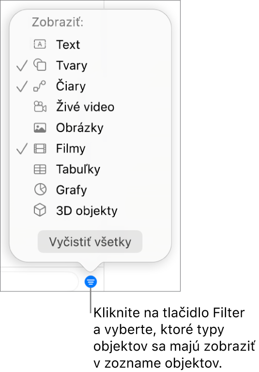 Otvorené vyskakovacie menu Filter so zoznamom typov objektov, ktoré môže zoznam obsahovať (text, tvary, čiary, obrázky, filmy, tabuľky a grafy).