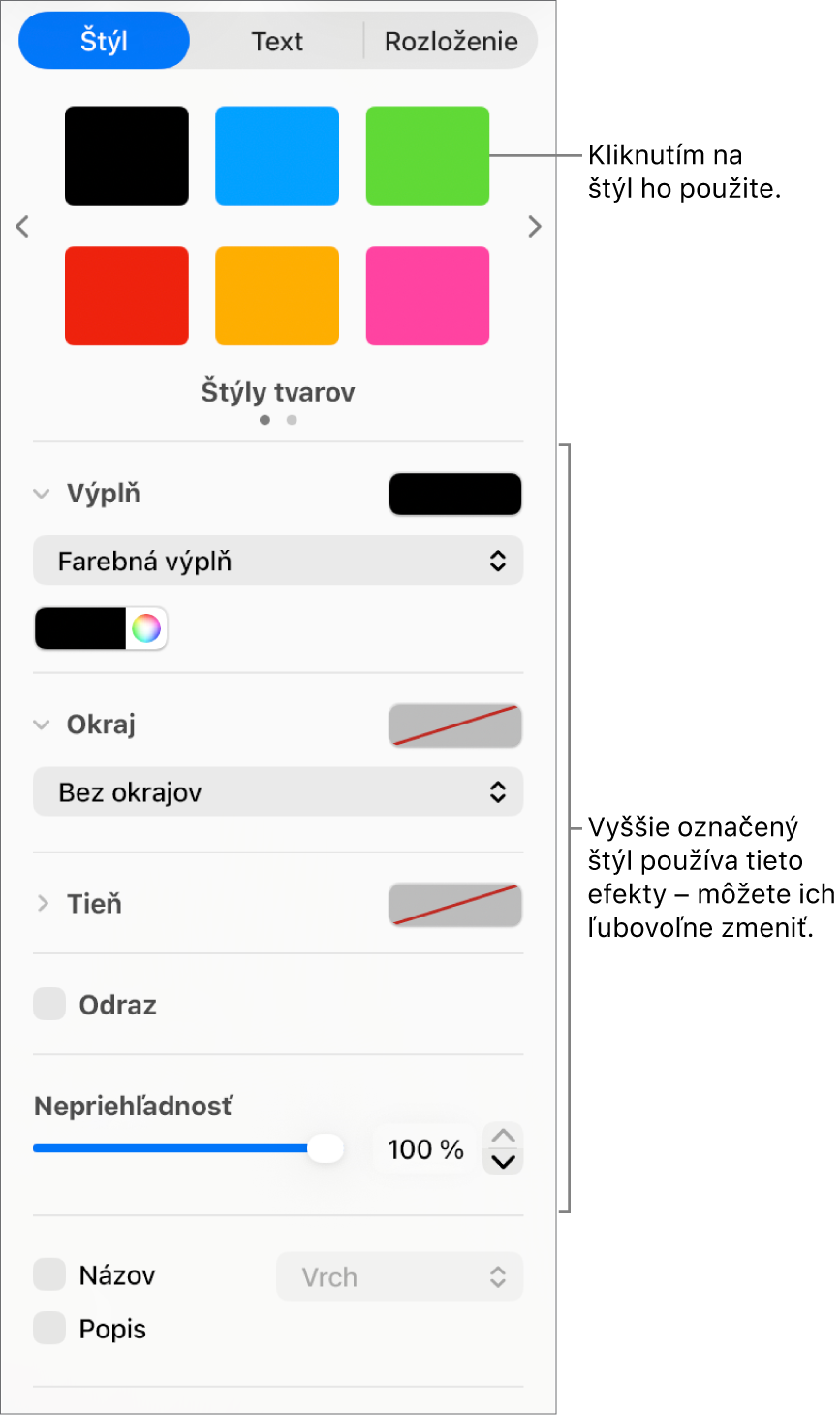 Štýly a možnosti tvaru v časti Formát na postrannom paneli.