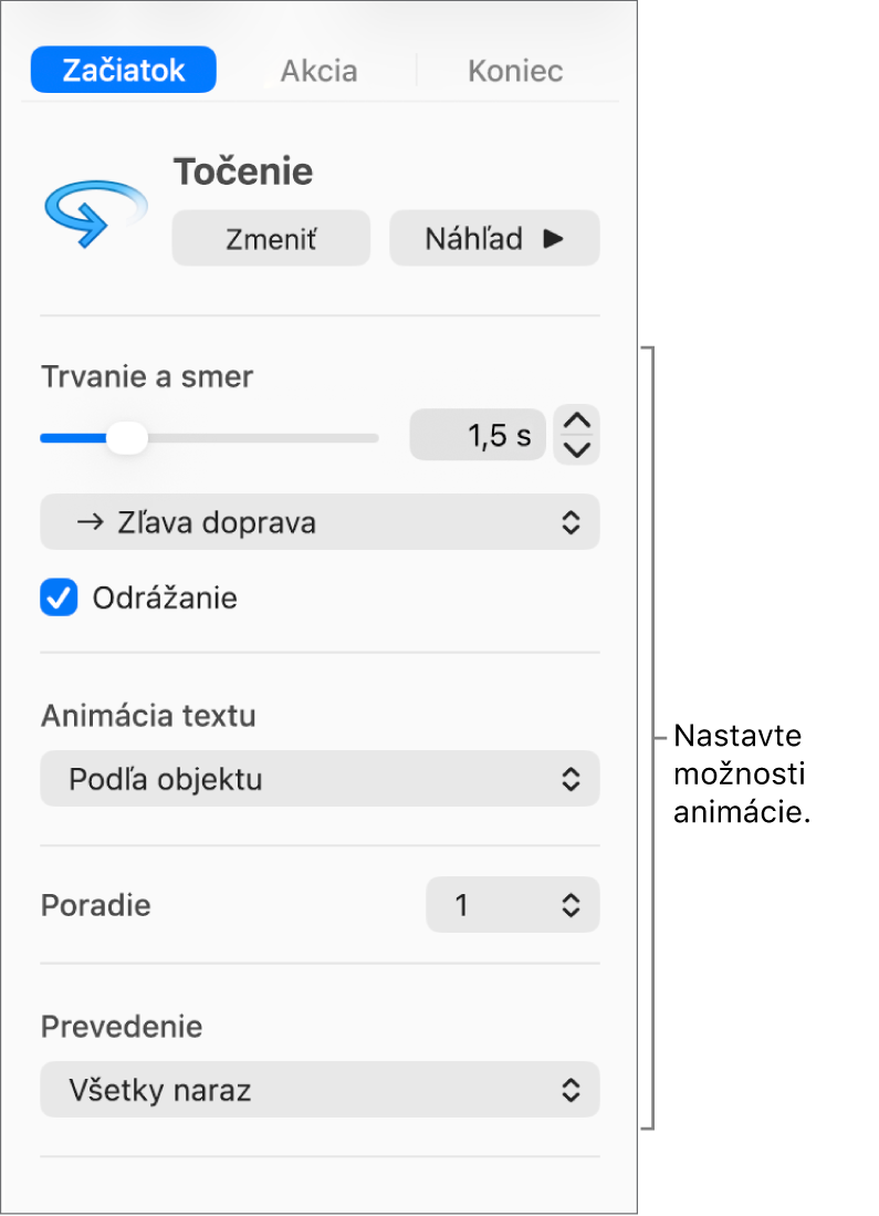 Možnosti začiatku v tabe Animácia na postrannom paneli.