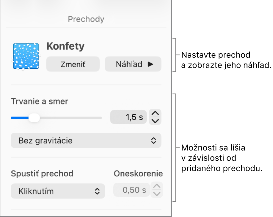 Ovládacie prvky prechodu v časti Prechody na postrannom paneli.
