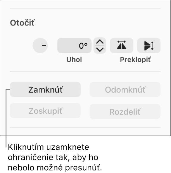 Ovládacie prvky Otočiť, Zamknúť a Zoskupiť so zvýrazneným tlačidlom Zamknúť.