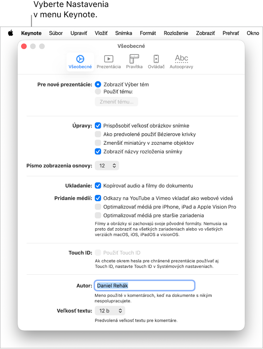 Okno nastavení Keynote s otvoreným panelom Všeobecné.