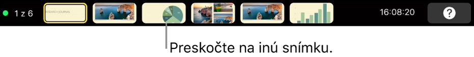 Touch Bar na MacBooku Pro, na ktorom sa zobrazujú ovládacie prvky na ukončenie prezentácie, prechod na rôzne snímky alebo prepnutie displeja prezentátora.