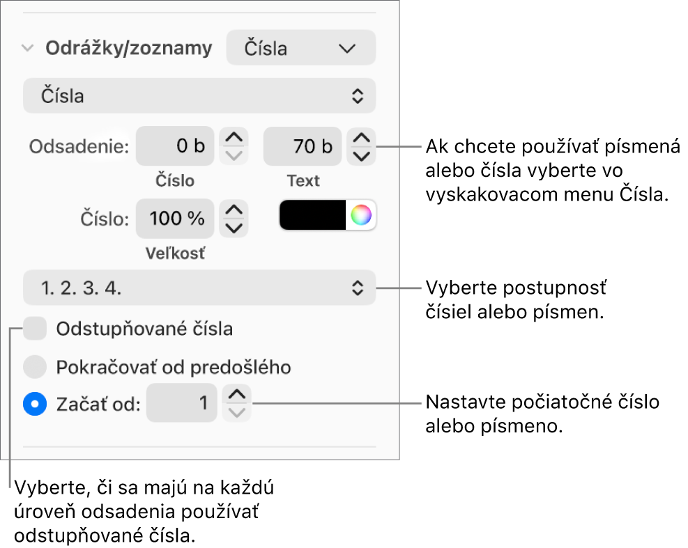 Ovládacie prvky na zmenu štýlu číslovania a medzier zoznamu.