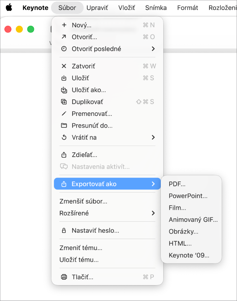 Otvorené menu Súbor s vybratou položkou Exportovať do. V submenu sa zobrazujú možnosti exportu PDF, PowerPoint a Movie.