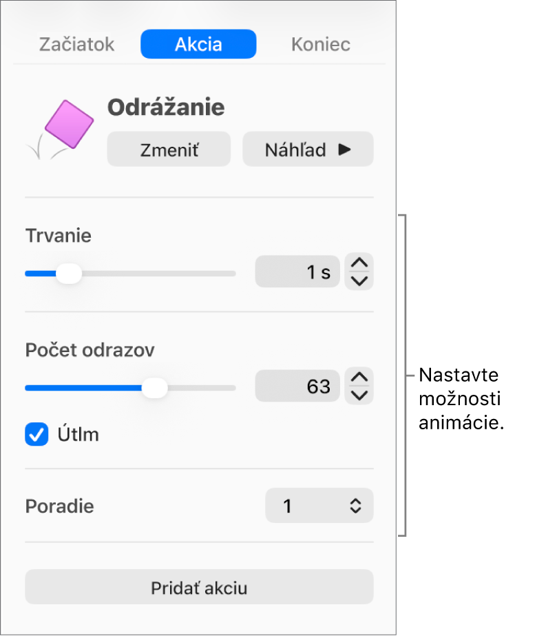 Ovládacie prvky akcie v časti Animácia na postrannom paneli.