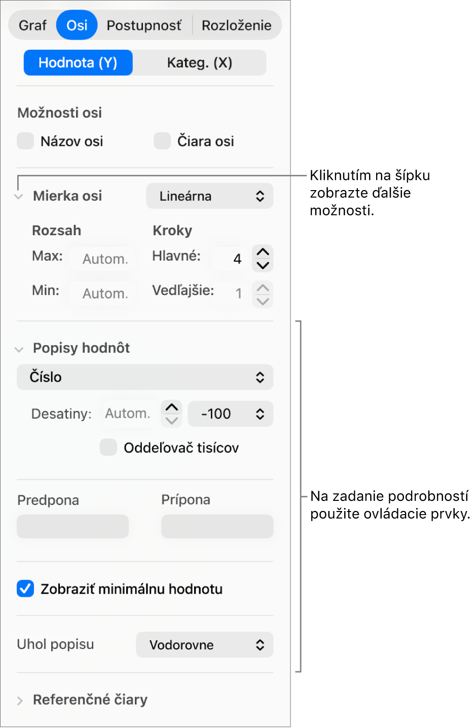 Ovládacie prvky na formátovanie značiek osi grafu.