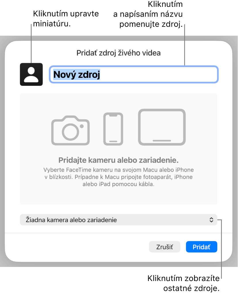 Okno Pridať zdroj živého videa s ovládacími prvkami na zmenu názvu a miniatúry zdroja v hornej časti a na výber iných zdrojov v spodnej časti.