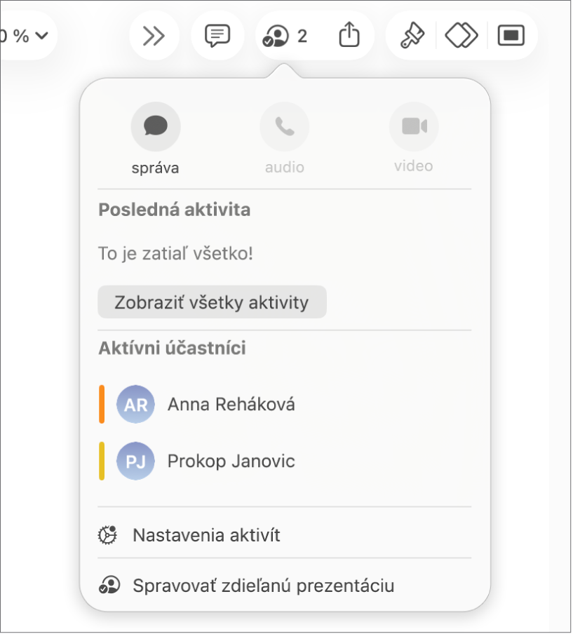 Menu spolupráce obsahujúce mená ľudí spolupracujúcich na prezentácii.