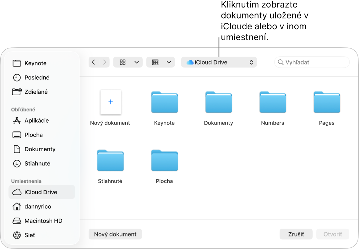 Dialógové okno Otvoriť s postranným panelom naľavo a iCloud Drive vybraný vo vyskakovacom menu navrchu. Priečinky pre Keynote, Numbers a Pages sa objavia v dialógovom okne spolu s tlačidlom Nový dokument.