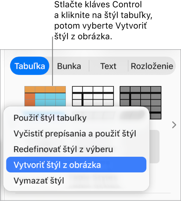 Menu skratiek štýlu tabuľky.