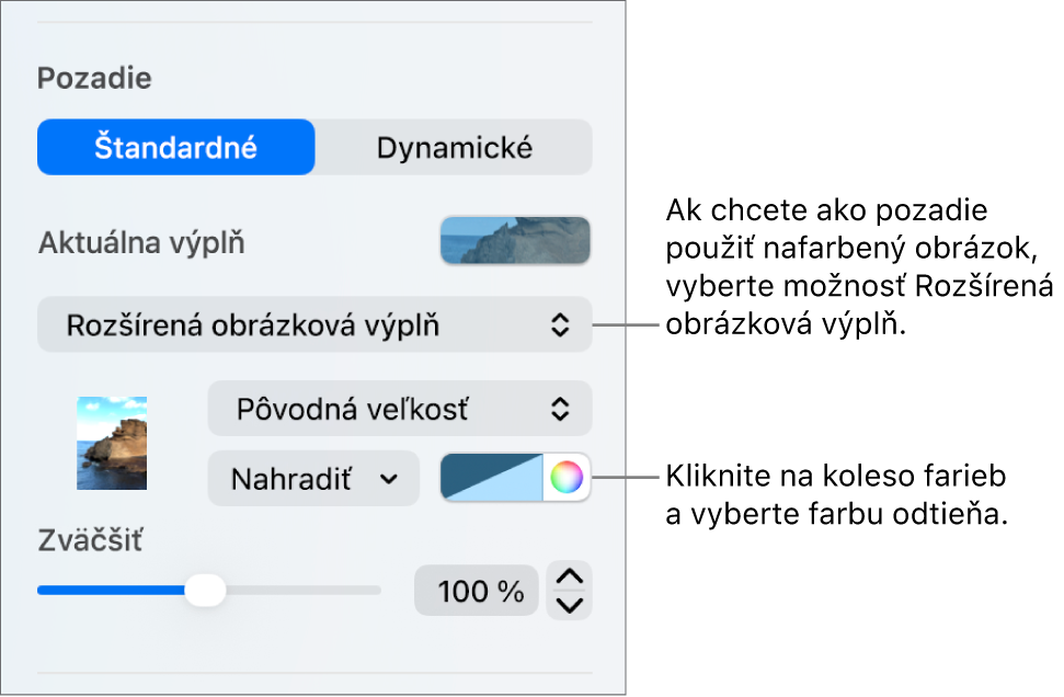 Ovládacie prvky pozadia so zafarbením Rozšírená obrázková výplň nastaveným ako pozadie snímky.