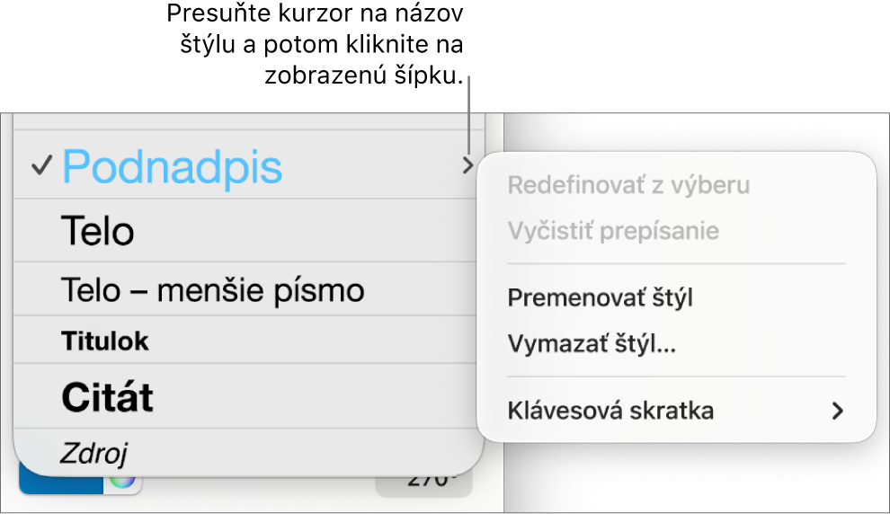 Menu Štýly odseku s otvoreným menu skratiek.