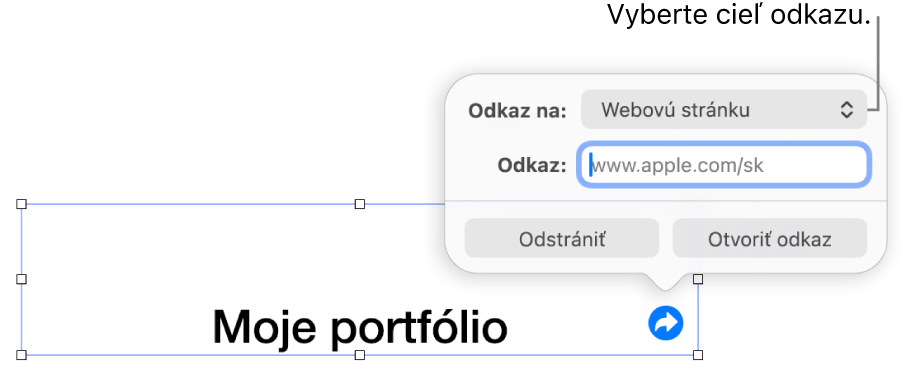 Ovládacie prvky editora odkazov s vybranou položkou Webová stránka a tlačidlami Odstrániť a Otvoriť odkaz v dolnej časti.