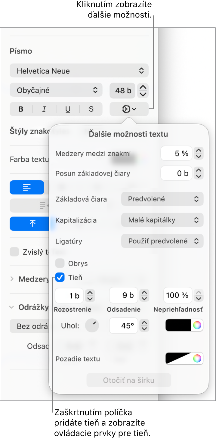 Menu Rozšírené možnosti otvorené so zaškrtnutým políčkom Tieň a ovládacími prvkami pre nastavenie rozostrenia, odsadenia, nepriehľadnosti, uhla a farby.