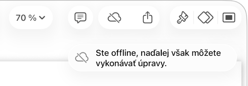 Tlačidlá v hornej časti obrazovky s tlačidlom Spolupráca zmeneným na obláčik s diagonálnou čiarou. Upozornenie na obrazovke s oznámením Ste offline, ale naďalej môžete upravovať.