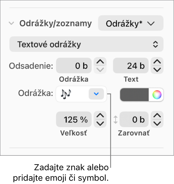 Časť Odrážky a zoznamy postranného panela Formát. Pole Odrážka zobrazuje emoji kvetu.