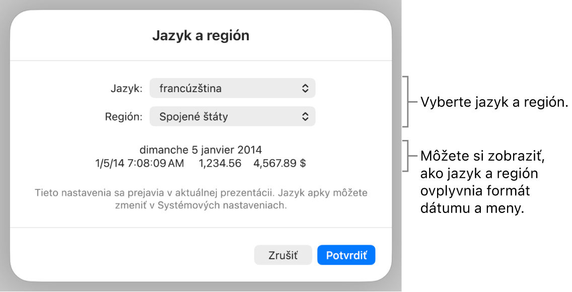 Panel Jazyk a región s ovládacími prvkami pre jazyk a región a príklad formátu dátumu, času, desatinného znaku a meny.