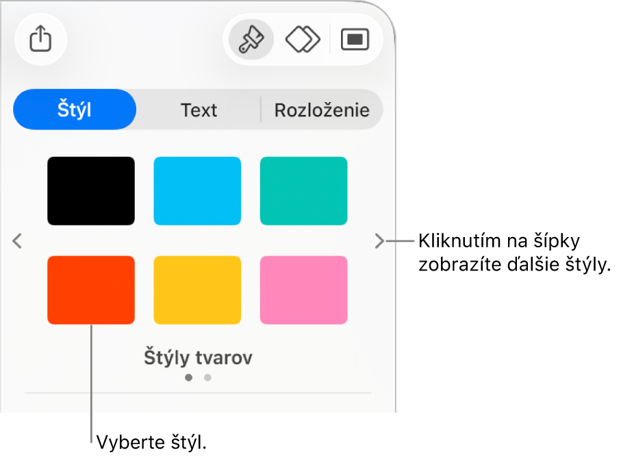 Záložka Štýl postranného panela Formát so šiestimi štýlmi objektov a šípkami navigácie naľavo a napravo od nich.