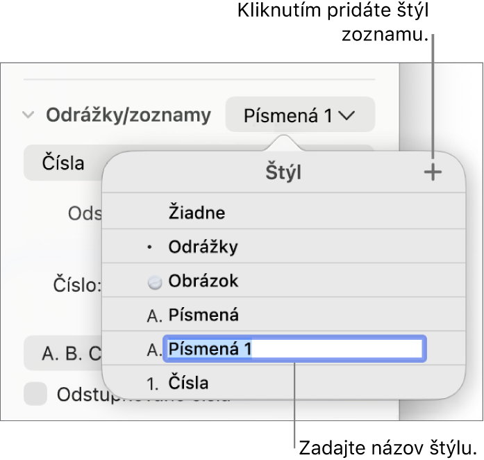 Vyskakovacie menu Štýly zoznamu s tlačidlom Pridať v pravom hornom rohu a názvom vzorového štýlu s označeným textom.