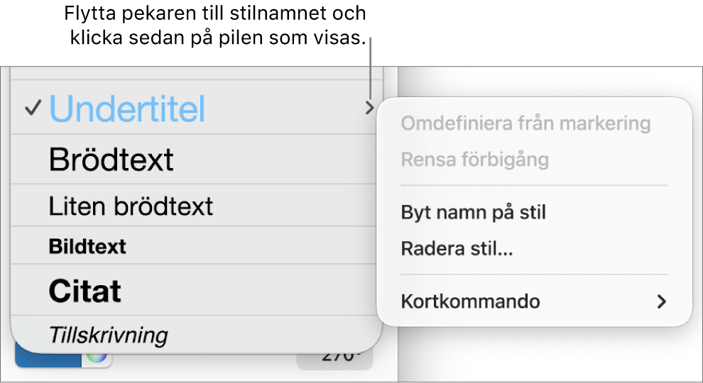 Menyn Styckestilar med öppen kontextmeny.