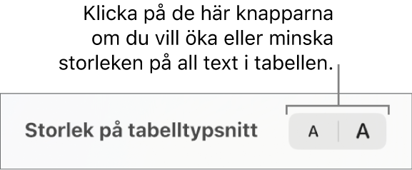 Reglage i sidofältet för att ändra tabelltypsnittsstorlek.