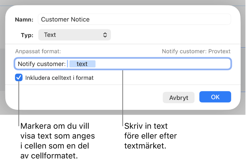 Anpassat textcellsformat.